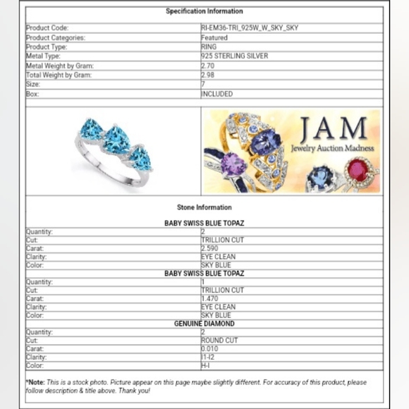 14K WHITE GOLD OVER SOLID STERLING SILVER DIAMONDS & 2.59 CT BABY SWISS BLUE TOP - Picture 2 of 2